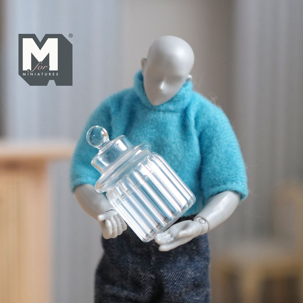1:12 Scale Miniature Ribbed Glass Canister with Lid, 1-7/16 inch tall, DIY Dollhouse Supply (clear)