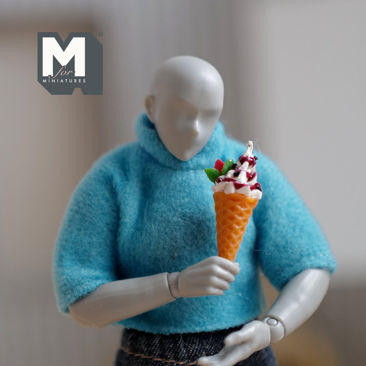1:12 Scale Miniature Soft Serve Ice Cream Cone with Strawberries and Chocolate, 1 inch tall, DIY Dollhouse Supply (brown and white)