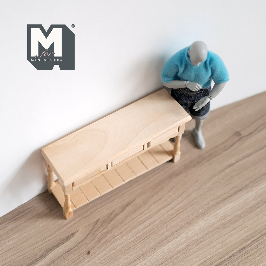 1:12 Scale Miniature Unpainted Wood Foyer Table, 3 Drawers and Lower Shelf, 2-3/4 inch tall, DIY Dollhouse Supply