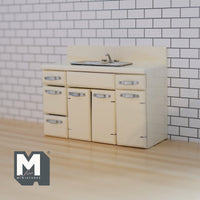 Dollhouse Miniature kitchen sink and storage, swing door cabinet 50's retro style 1:12 miniature (beige)