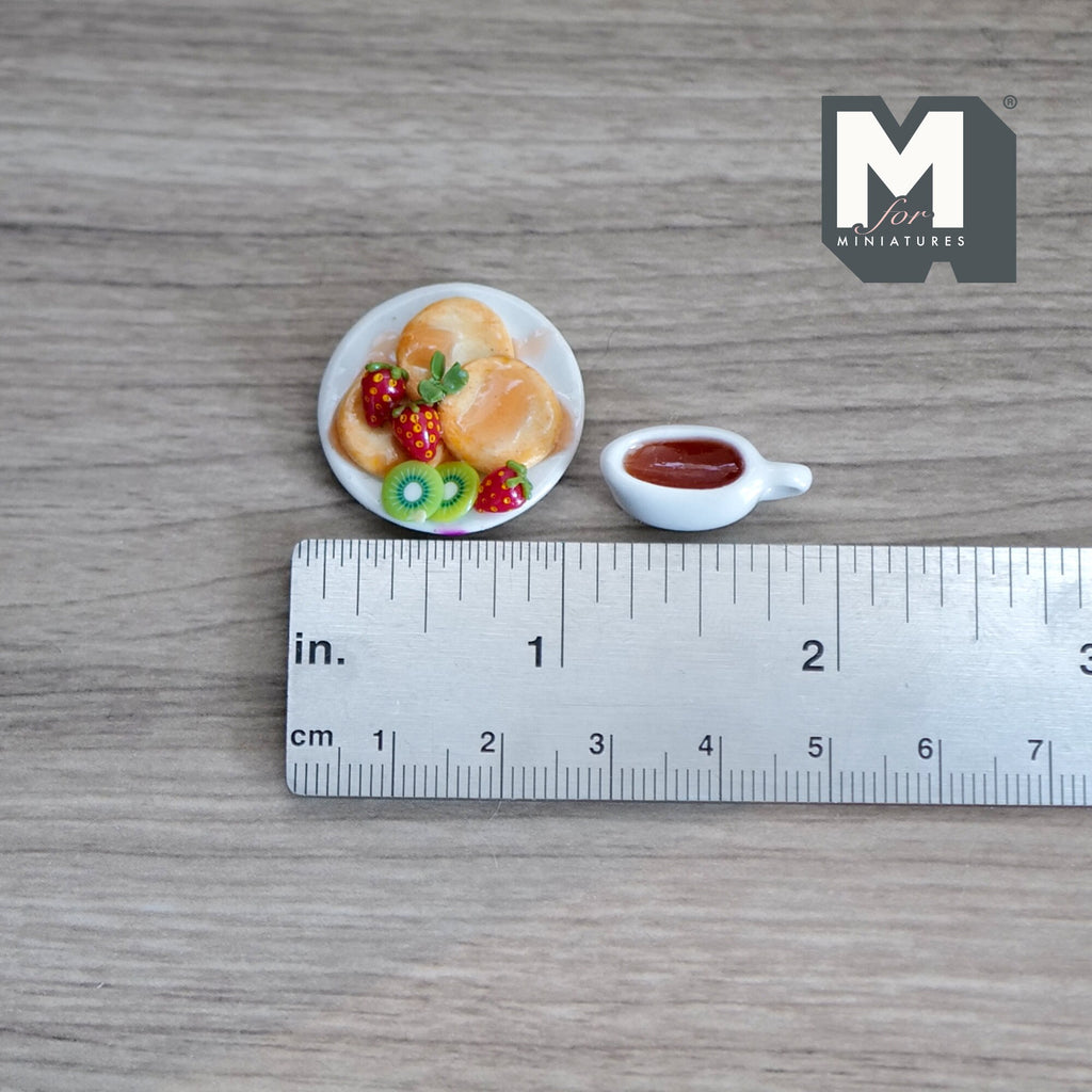 1:12 Scale Miniature Pancake Stack with Strawberries and Kiwi, Plate and Syrup Jug, 9/16 inch tall, DIY Dollhouse Supply