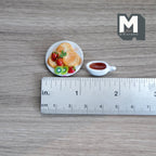 1:12 Scale Miniature Pancake Stack with Strawberries and Kiwi, Plate and Syrup Jug, 9/16 inch tall, DIY Dollhouse Supply