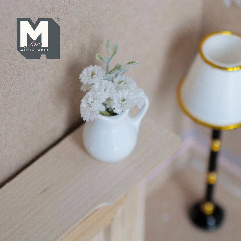 1:12 Scale Miniature White Flowers in Ceramic Jug Vase, 1-15/16 inch tall, DIY Dollhouse Supply