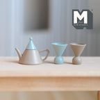 1:12 scale miniature metal teapot and cups in gray and blue, set of 3, cone shaped lid and cups, on a wood shelf
