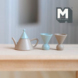 Miniature Metal Teapot and Cups 1:12 Scale Set of 3 (gray and blue) - H023