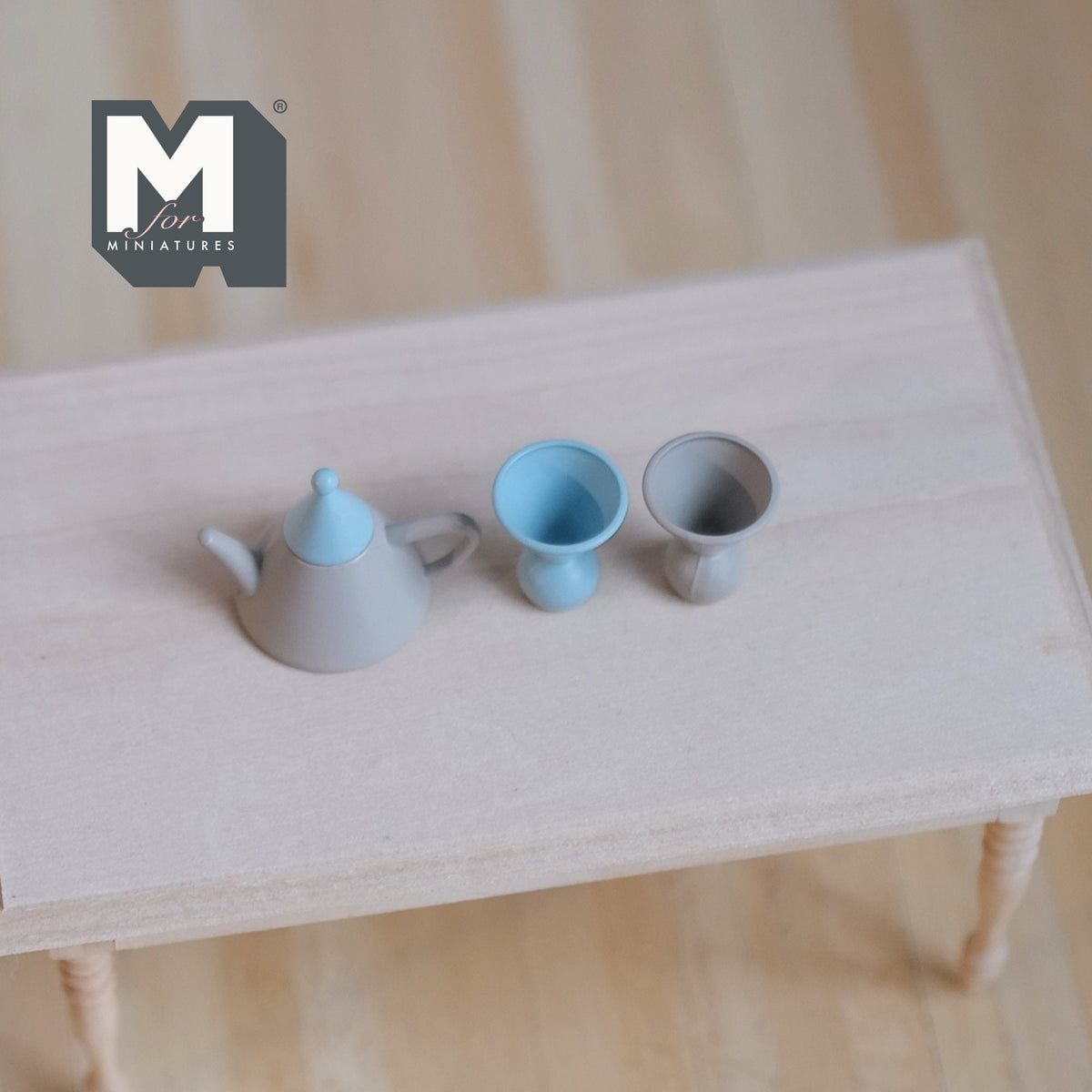 1:12 Scale Miniature Metal Teapot and Cups, Set of 3, 7/8 inch tall, DIY Dollhouse Supply (gray and blue)