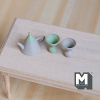 Miniature Metal Teapot and Cups 1:12 Scale Set of 3 (gray and blue) - H023