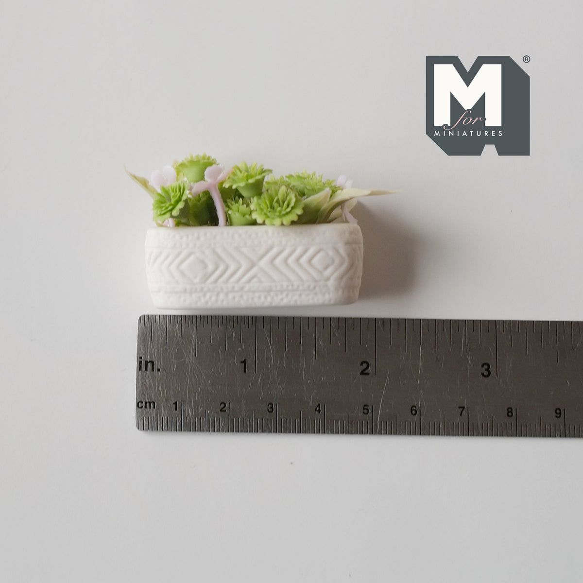 1:12 Scale Miniature Flowers in Long Planter Trough, 1-3/4 inch long, DIY Dollhouse Supply (white and green)