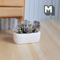 1:12 scale miniature succulents in a long white planter trough with gray leaves, shown on a wood floor