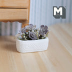 1:12 scale miniature succulents in a long white planter trough with gray leaves, shown on a wood floor