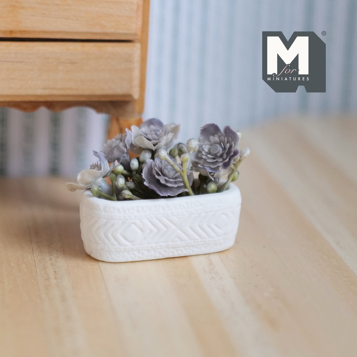 1:12 Scale Miniature Succulents in Long Planter Trough, 1-3/4 inch long, DIY Dollhouse Supply (white and gray)