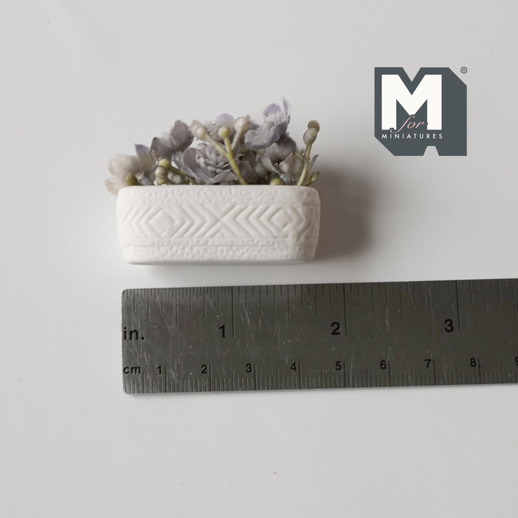 1/12スケール ミニチュア多肉植物 ロングプランター付き、長さ約4.5cm、ドールハウス用DIYパーツ（ホワイト＆グレー）