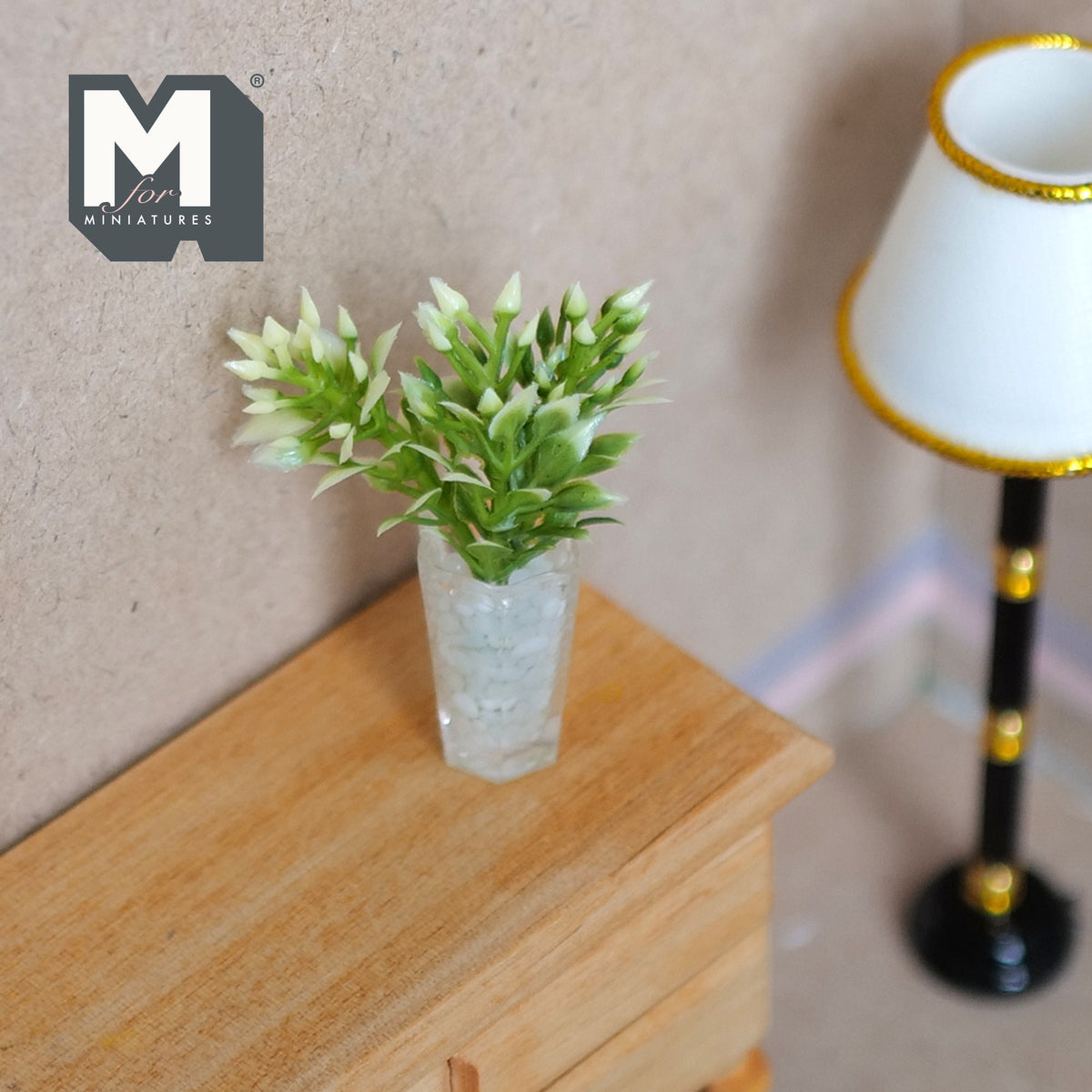 1:12 Scale Miniature White Flowers in Clear Hexagon Glass Vase, 2-3/16 inch tall, DIY Dollhouse Supply