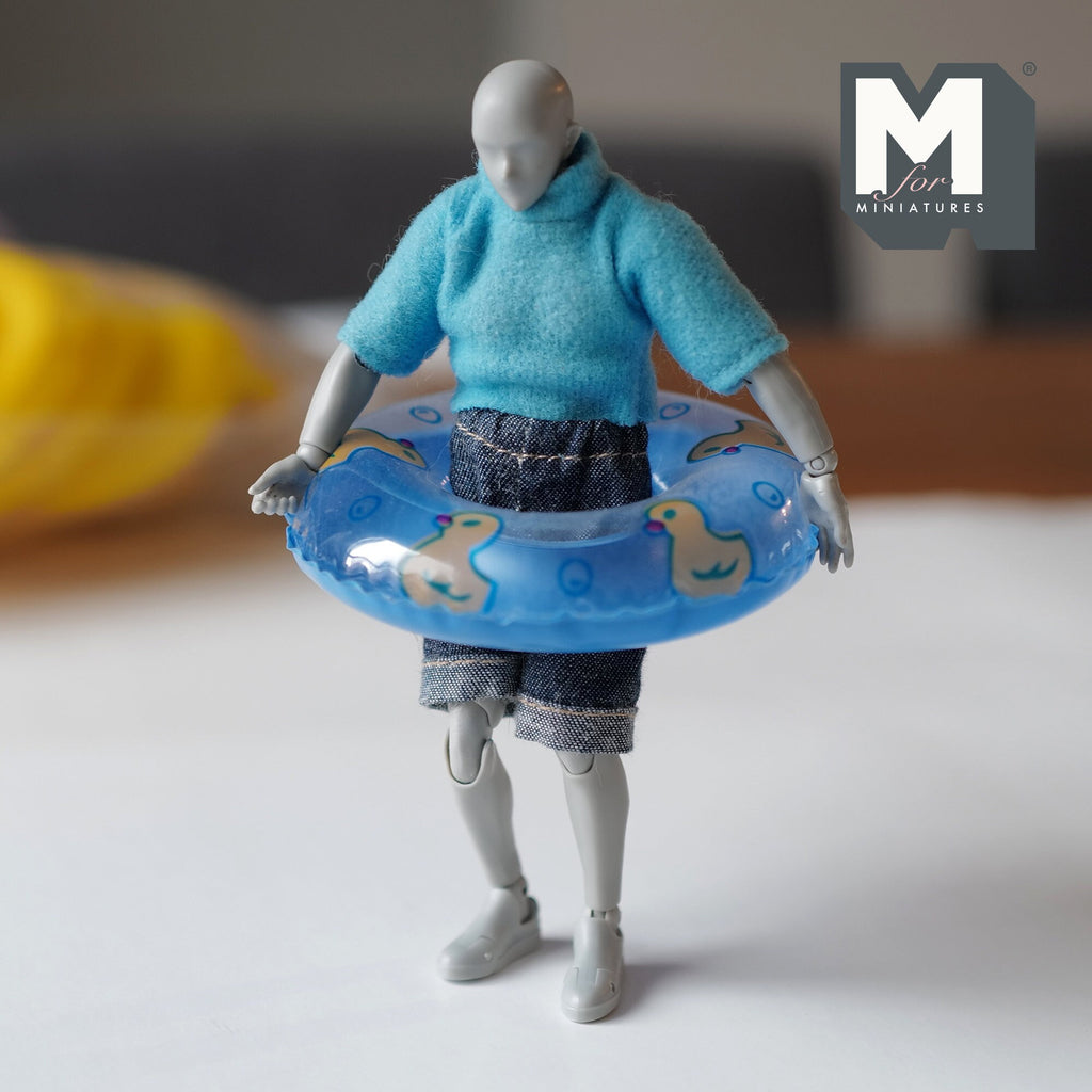 1:12 Scale Miniature Round Pool Float with Cartoon Print, 3-3/8 inch dia., DIY Dollhouse Supply (blue)
