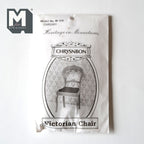 1:12 scale miniature Victorian balloon back chair kit, unassembled, shown in its package with a line drawing of the chair