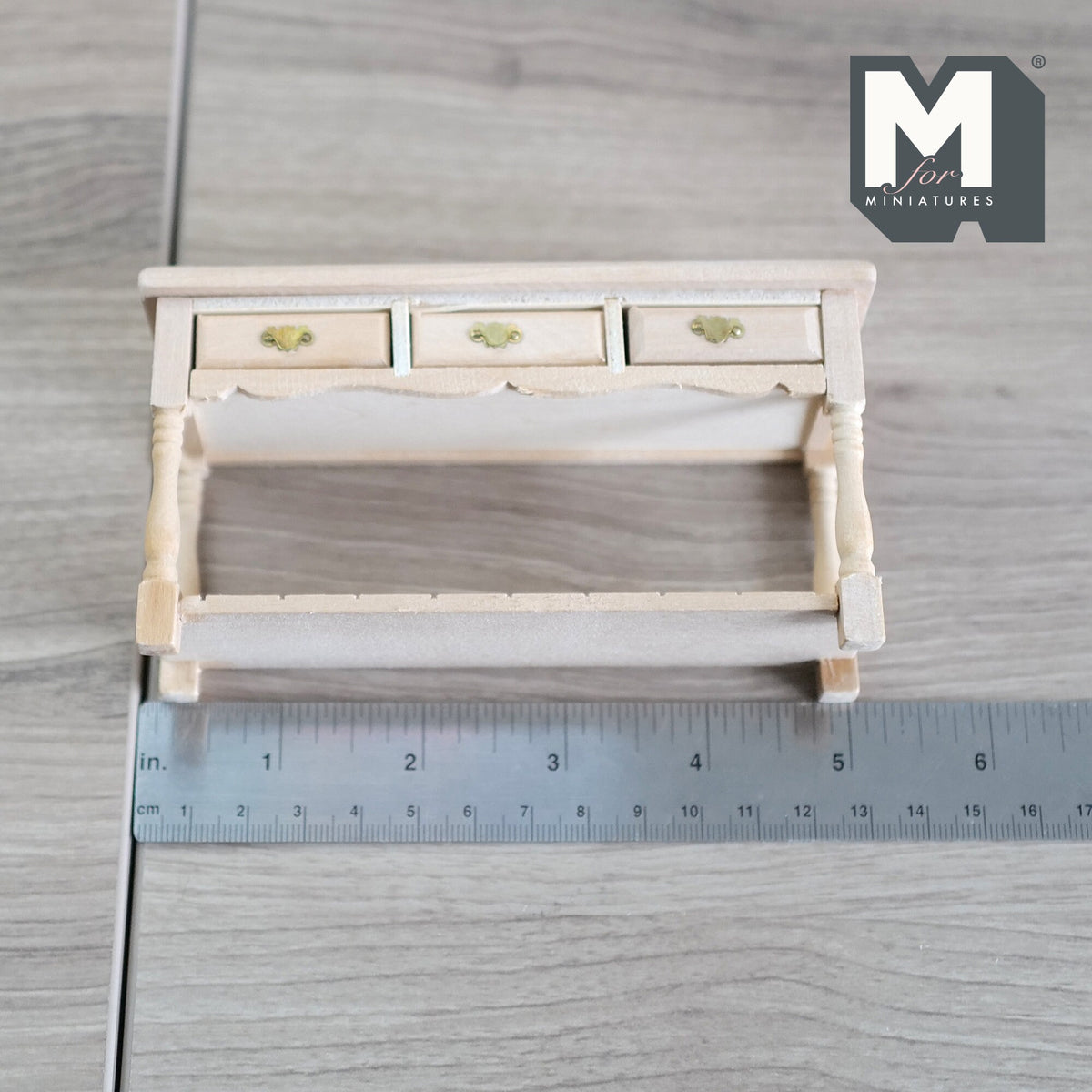 1:12 Scale Miniature Unpainted Wood Foyer Table, 3 Drawers and Lower Shelf, 2-3/4 inch tall, DIY Dollhouse Supply