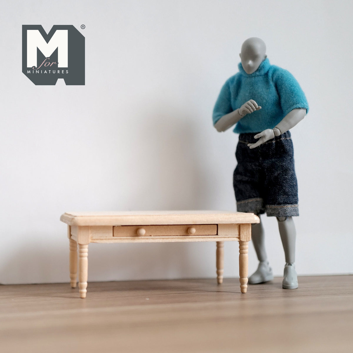 1:12 Scale Miniature Unpainted Wood Coffee Table, 1 Drawer, 4 inch long, DIY Dollhouse Supply