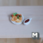 1:12 Scale Miniature Pancake Stack with Strawberries and Kiwi, Plate and Syrup Jug, 9/16 inch tall, DIY Dollhouse Supply