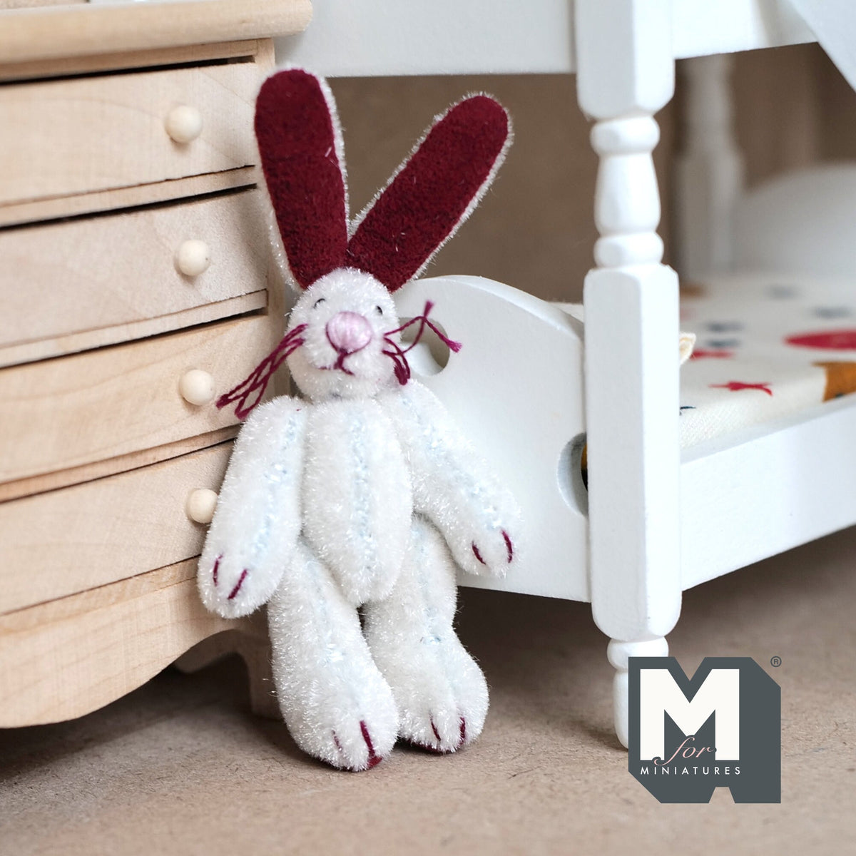 1:12 Scale Miniature Plush Lop Bunny Rabbit, Movable Arms and Legs, 3-1/8 inch tall, DIY Dollhouse Supply (white)