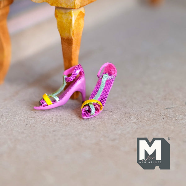 Miniature High Heels Shoes with Pink and Green Straps 1:12 Scale Dollhouse Apparel Shoes 13/16 inch long (pink) - H026