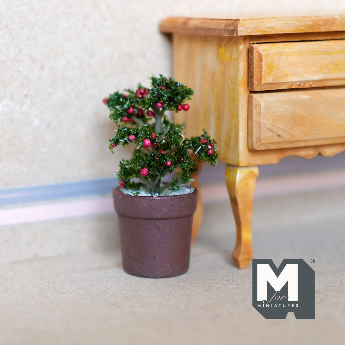1:12 Scale Miniature Potted Shrub with Red Berries, 2-3/8 inch tall, DIY Dollhouse Supply