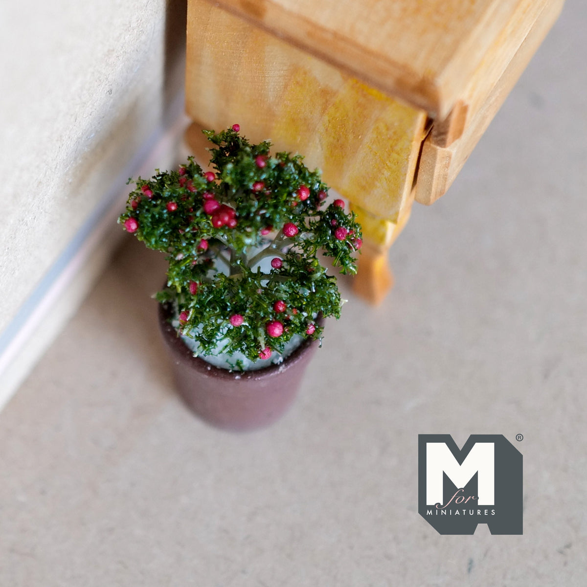 1:12 Scale Miniature Potted Shrub with Red Berries, 2-3/8 inch tall, DIY Dollhouse Supply