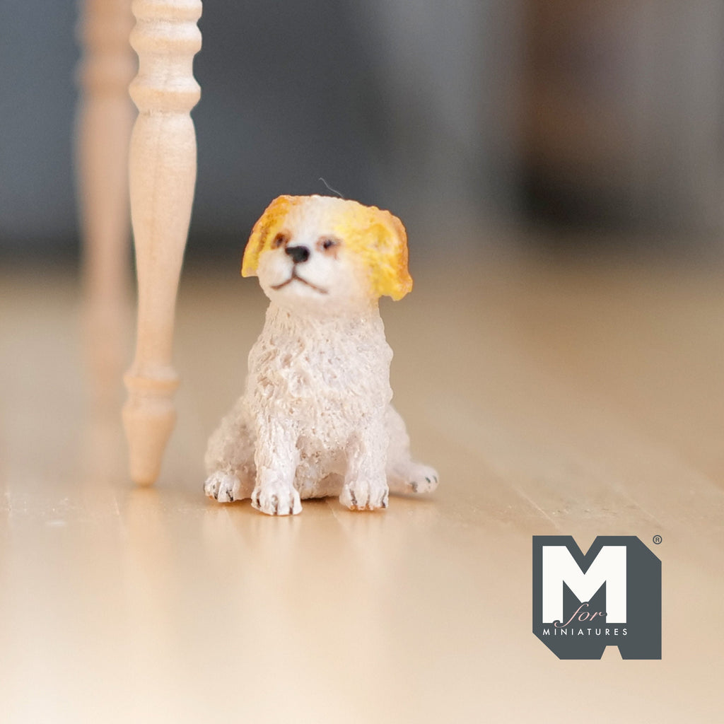 1:12 Scale Miniature Sitting Cavalier Spaniel Puppy, 15/16 inch tall, DIY Dollhouse Supply (cast resin) (white and tan)