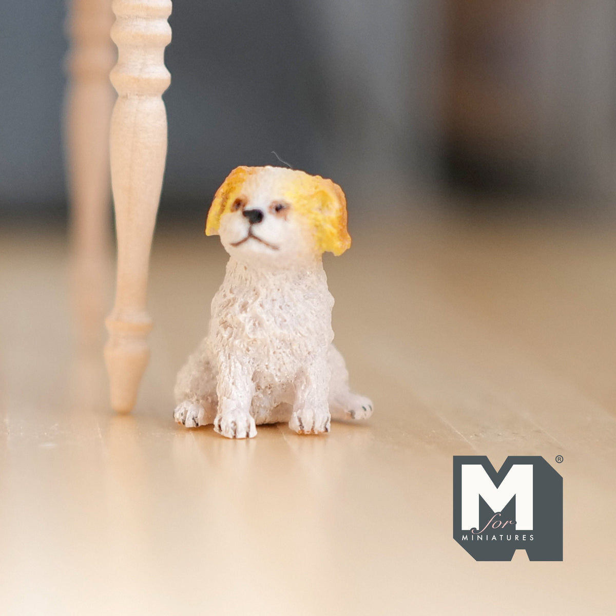 1:12 Scale Miniature Sitting Cavalier Spaniel Puppy, 15/16 inch tall, DIY Dollhouse Supply (cast resin) (white and tan)