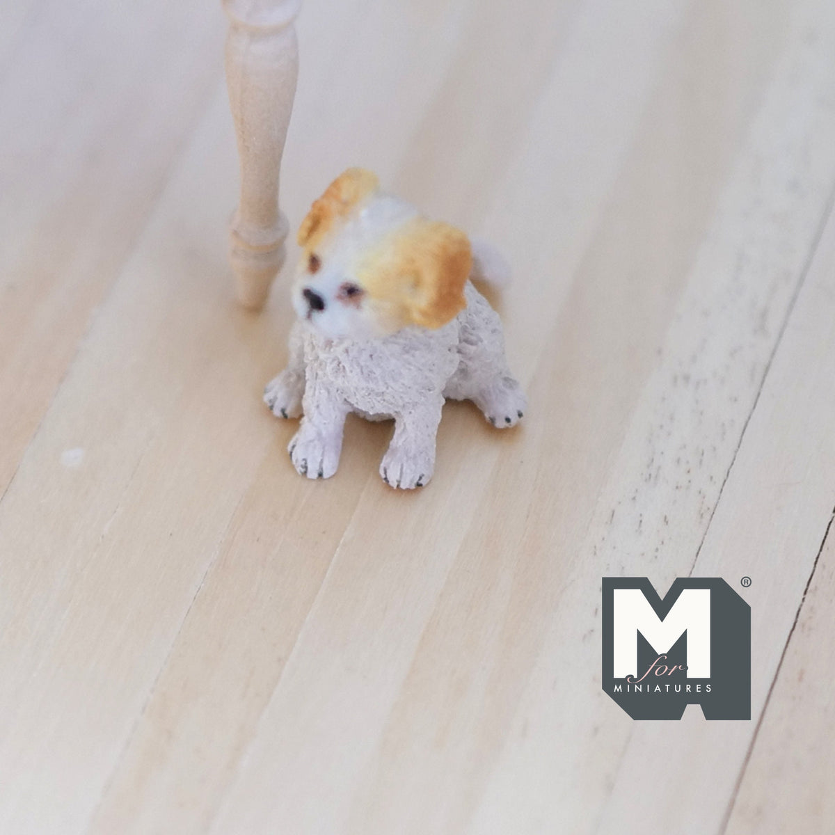 1:12 Scale Miniature Sitting Cavalier Spaniel Puppy, 15/16 inch tall, DIY Dollhouse Supply (cast resin) (white and tan)