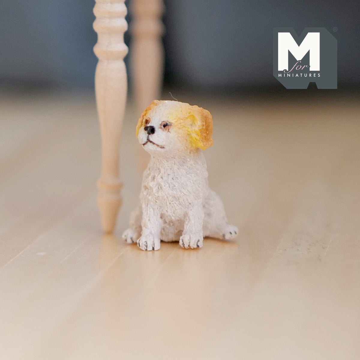 1:12 Scale Miniature Sitting Cavalier Spaniel Puppy, 15/16 inch tall, DIY Dollhouse Supply (cast resin) (white and tan)