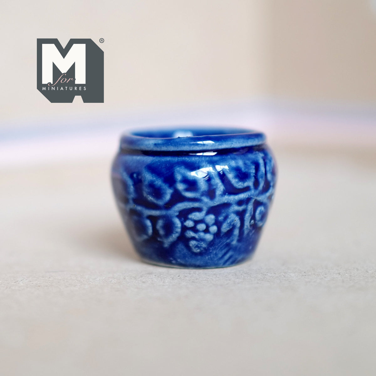 1:12 Scale Miniature Ceramic Planter Pot, Cobalt Blue with Embossed Band, 1-1/4 inch tall, DIY Dollhouse Supply (large)