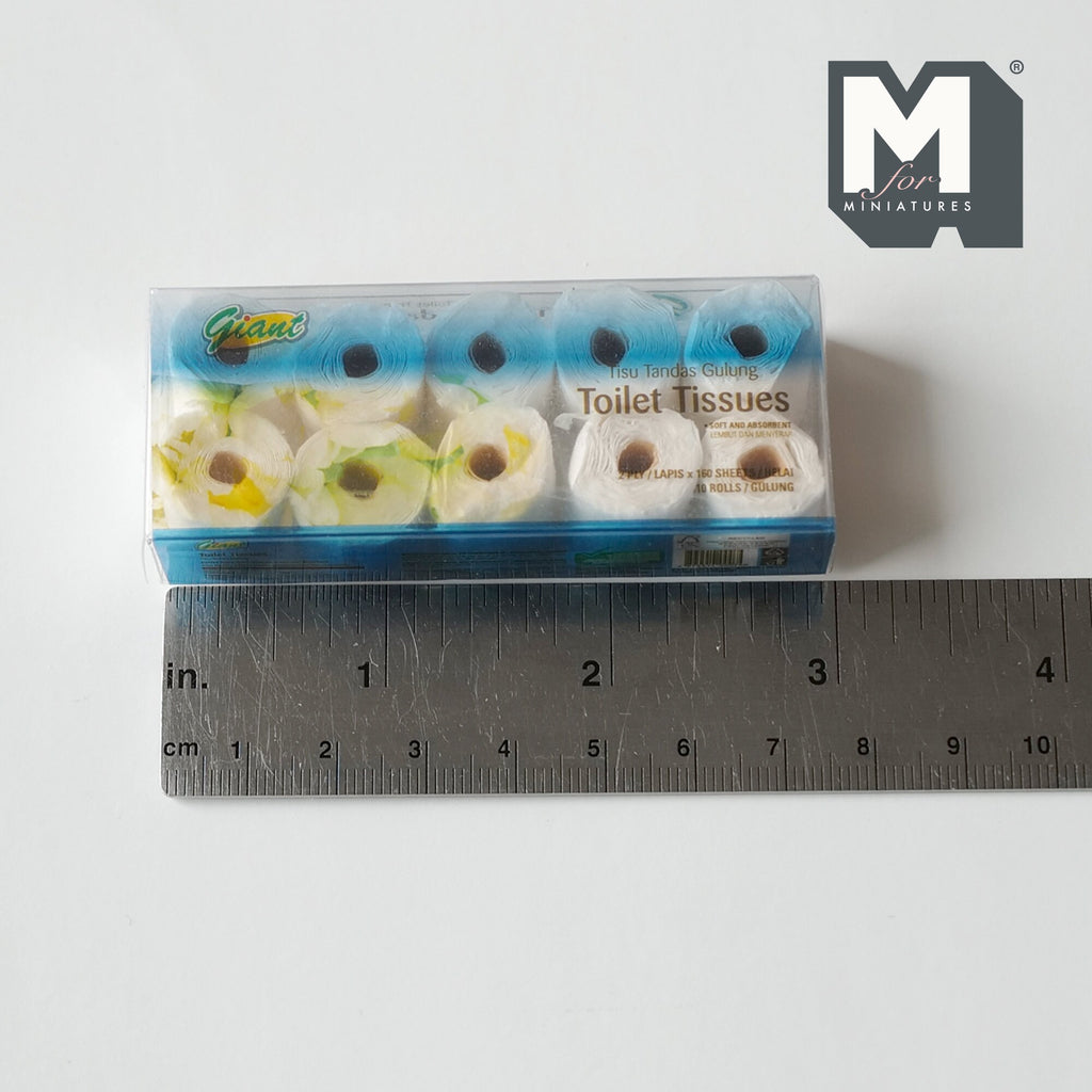 1:12 Scale Miniature Patterned Toilet Paper Rolls in Clear Box, 10 Rolls, 9/16 inch dia., DIY Dollhouse Supply (blue and yellow)