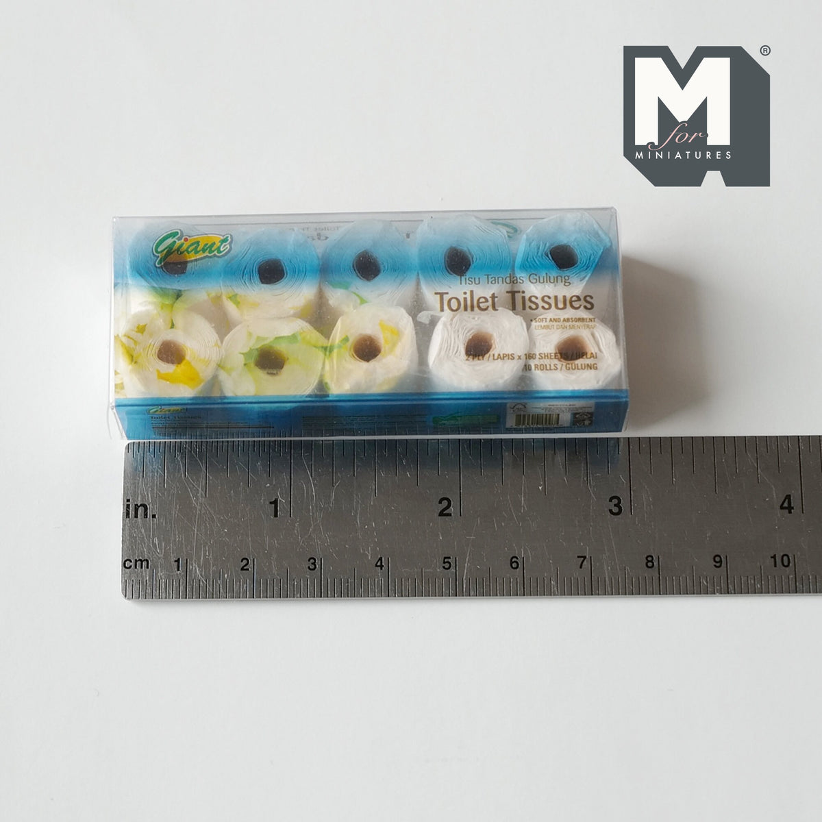 1:12 Scale Miniature Patterned Toilet Paper Rolls in Clear Box, 10 Rolls, 9/16 inch dia., DIY Dollhouse Supply (blue and yellow)