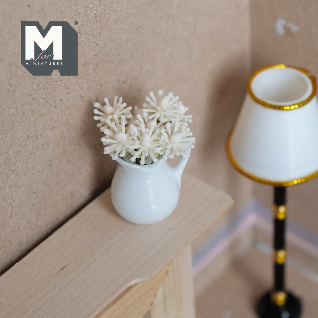 1:12 Scale Miniature Flowers in Ceramic Pitcher Vase, 1-15/16 inch tall, DIY Dollhouse Supply (white)