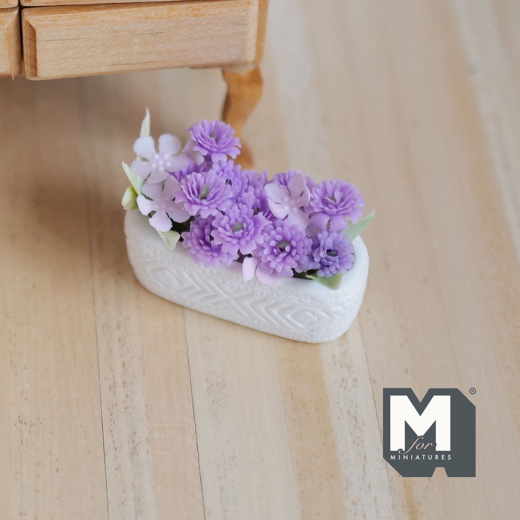1:12 Scale Miniature Flowers in Long Planter Trough, 1-3/4 inch long, DIY Dollhouse Supply (white and lilac)