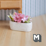 Dollhouse Supplies Flowers and Planter Trough 1:12 Scale Miniature Flowers and Long Clay Planter Box (pink / white) - H038