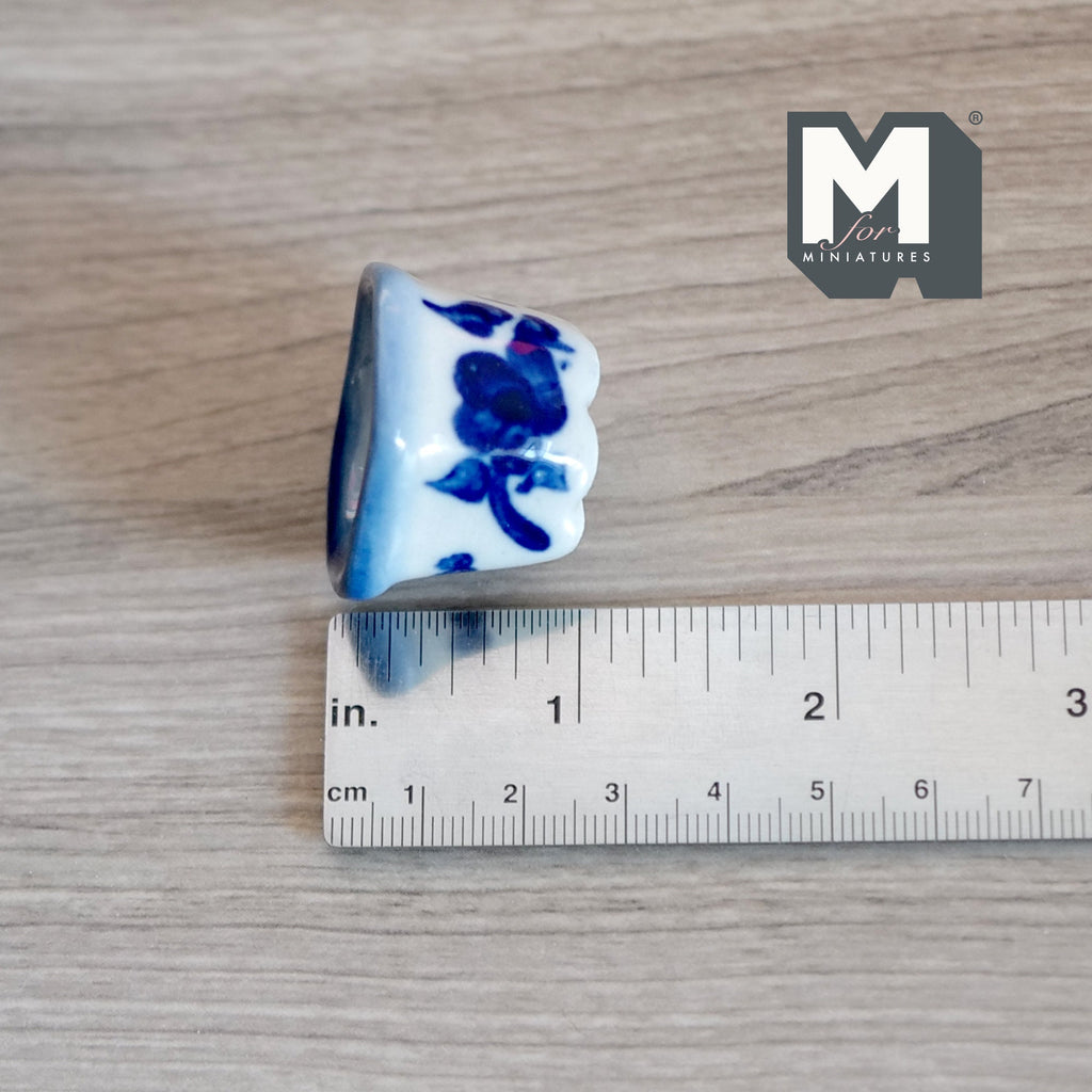 1:12 Scale Miniature Ceramic Hexagon Tree Pot, Blue Floral Pattern, 1 inch tall, DIY Dollhouse Supply (white)