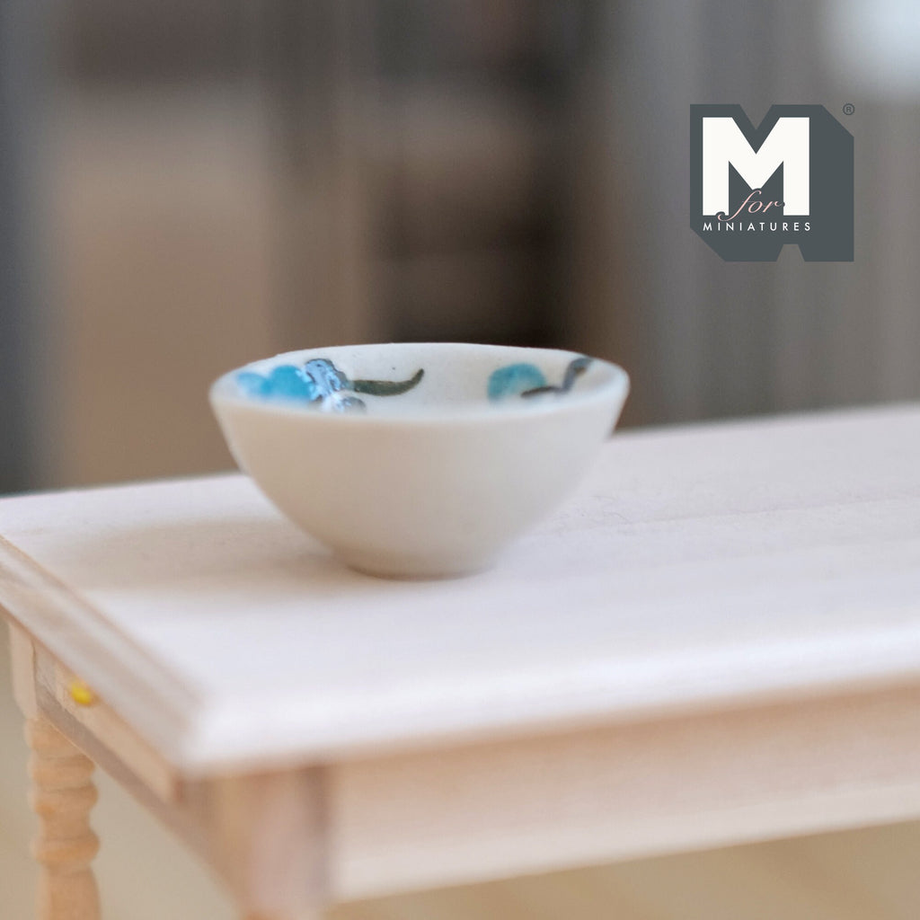 1:12 Scale Miniature Ceramic Bowl with Floral Pattern, 1-3/16 inch dia., DIY Dollhouse Supply (blue)