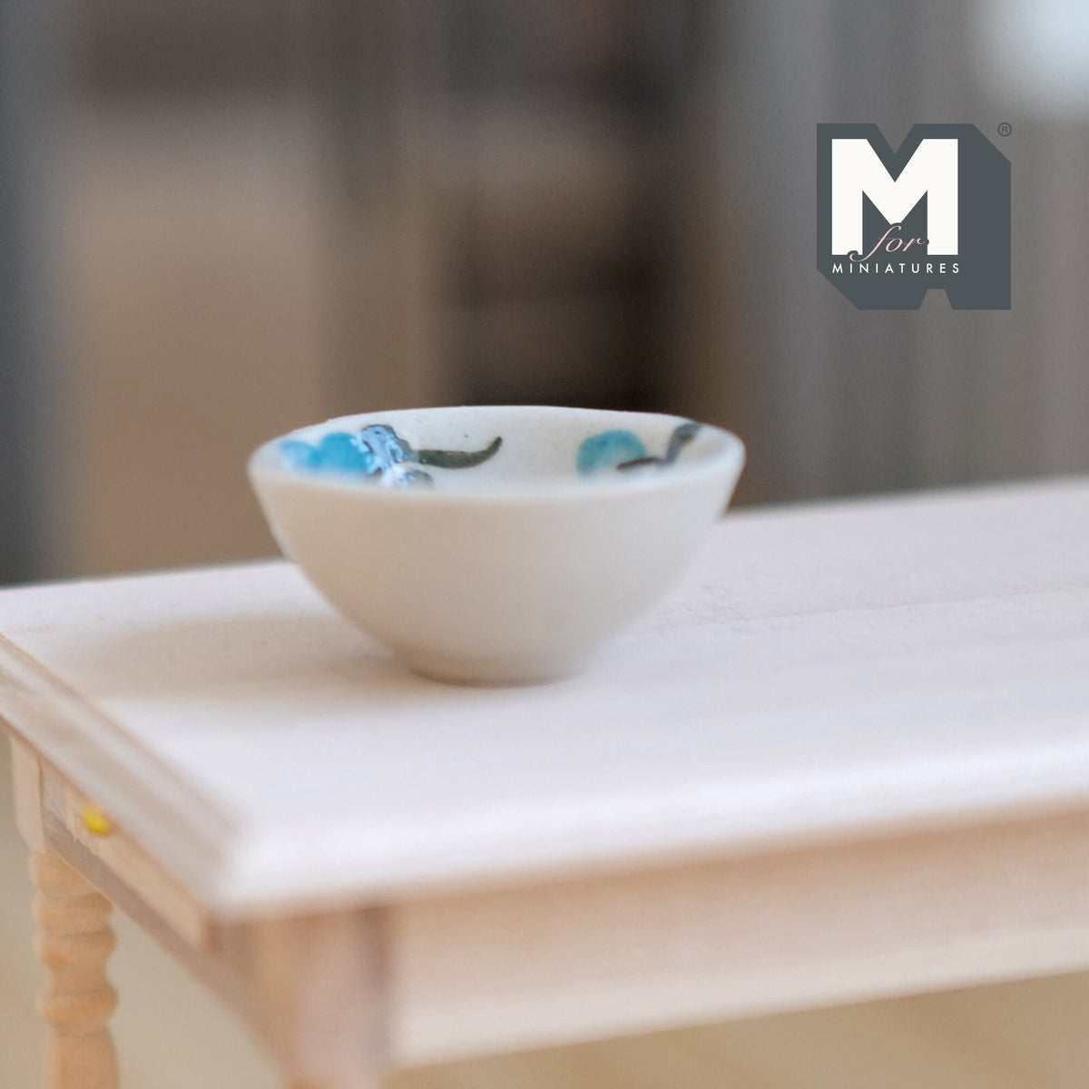 1:12 Scale Miniature Ceramic Bowl with Floral Pattern, 1-3/16 inch dia., DIY Dollhouse Supply (blue)