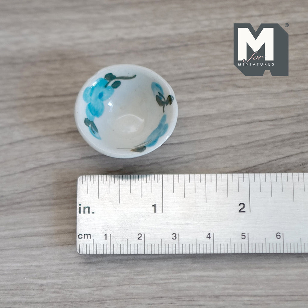 1:12 Scale Miniature Ceramic Bowl with Floral Pattern, 1-3/16 inch dia., DIY Dollhouse Supply (blue)