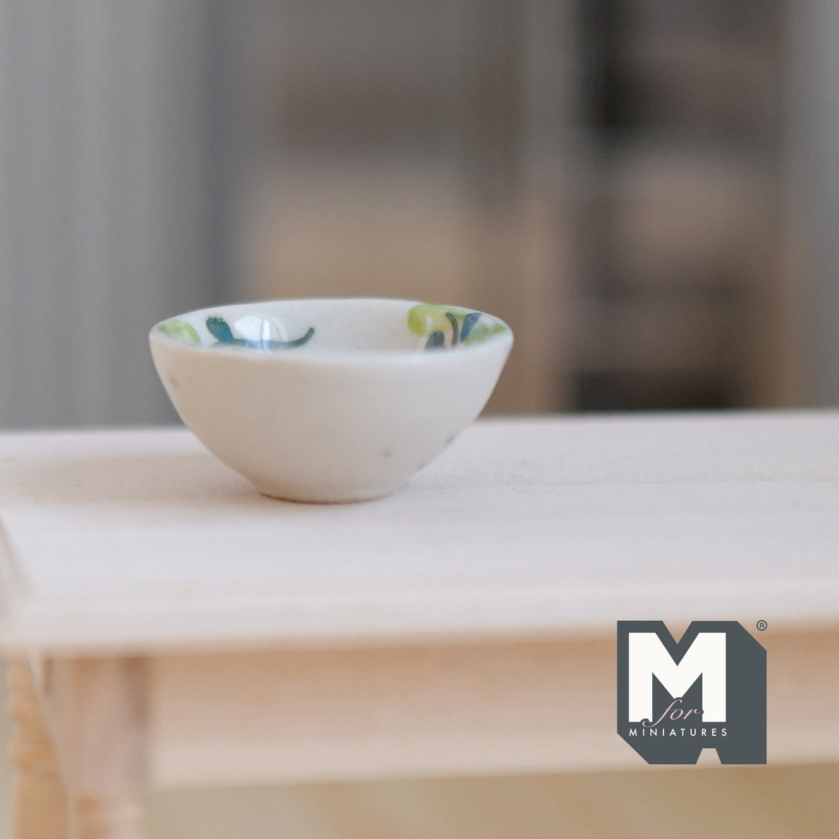 1:12 Scale Miniature Ceramic Bowl with Leaf Pattern, 1-3/16 inch dia., DIY Dollhouse Supply (green)