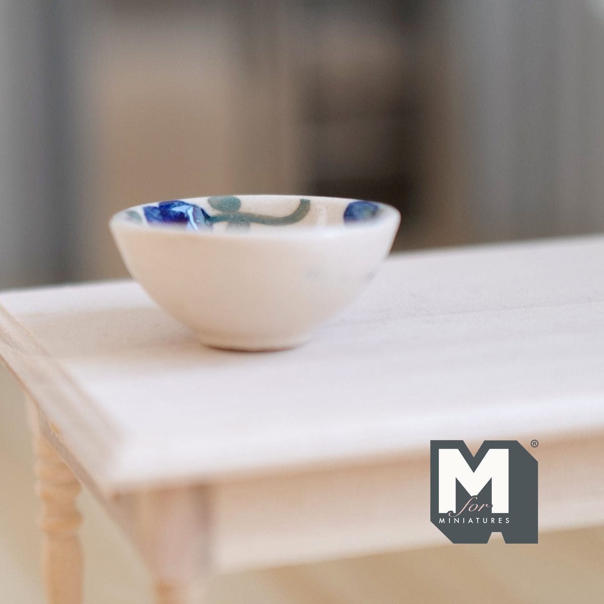 1:12 Scale Miniature Ceramic Bowl with Floral Rim, 1-3/16 inch dia., DIY Dollhouse Supply (dark blue)