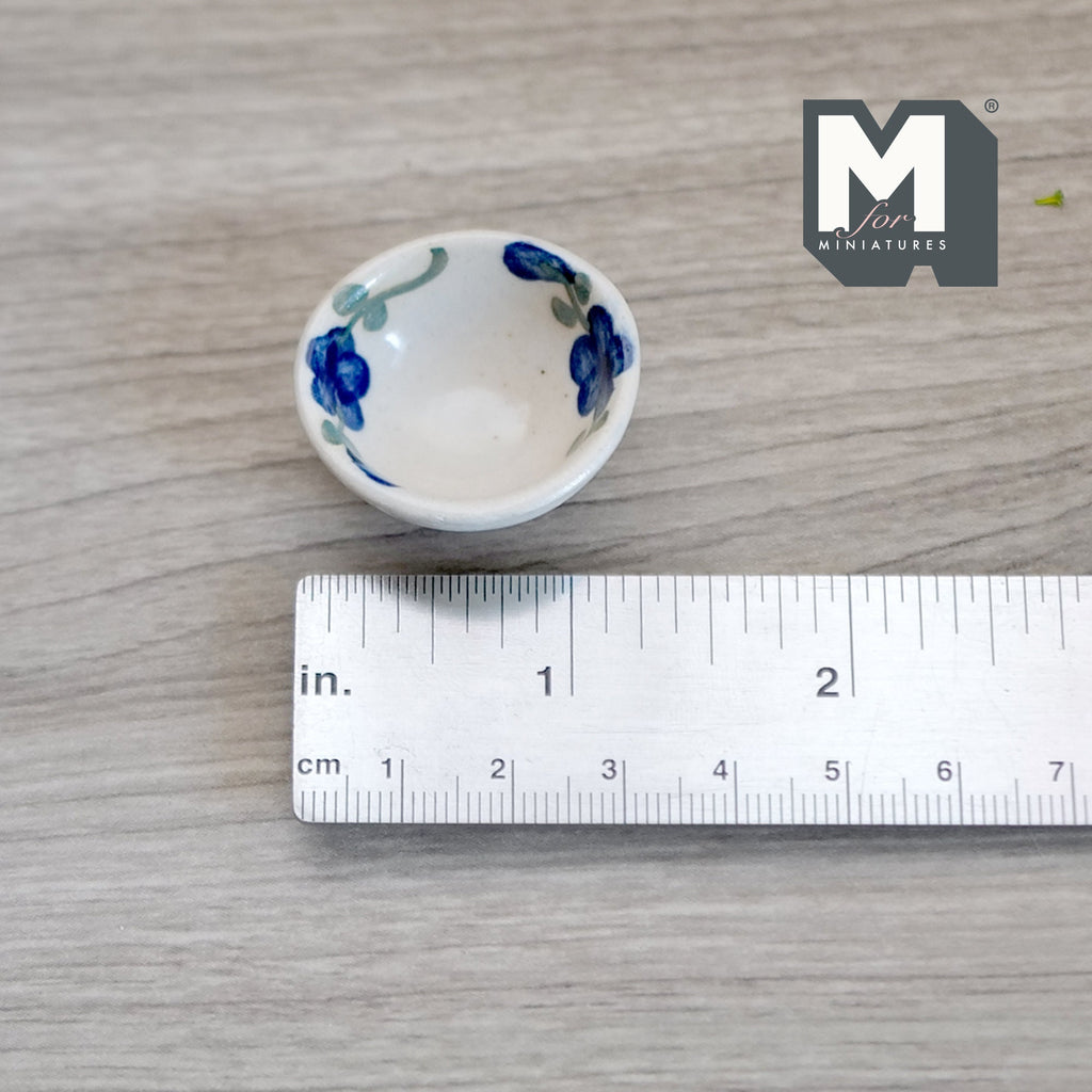 1:12 Scale Miniature Ceramic Bowl with Floral Rim, 1-3/16 inch dia., DIY Dollhouse Supply (dark blue)