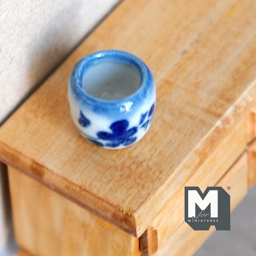 1:12 Scale Miniature Ceramic Round Flower Pot with Blue Floral Pattern, 13/16 inch dia., DIY Dollhouse Supply
