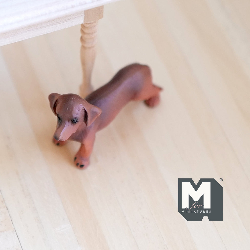 1:12 Scale Miniature Standing Dachshund Puppy, 2-1/16 inch long, DIY Dollhouse Supply (cast resin) (brown)