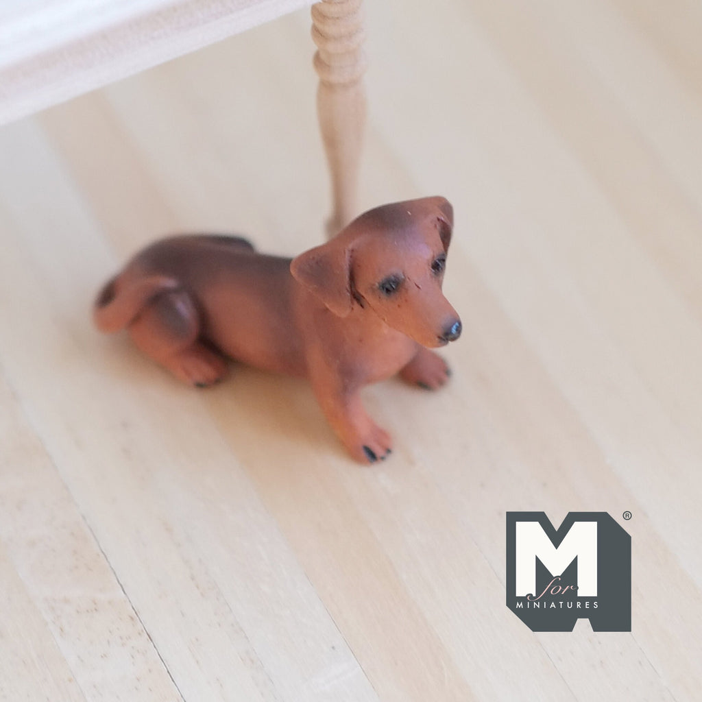 1:12 Scale Miniature Sitting Dachshund Dog, 1-7/8 inch long, DIY Dollhouse Supply (cast resin) (brown)