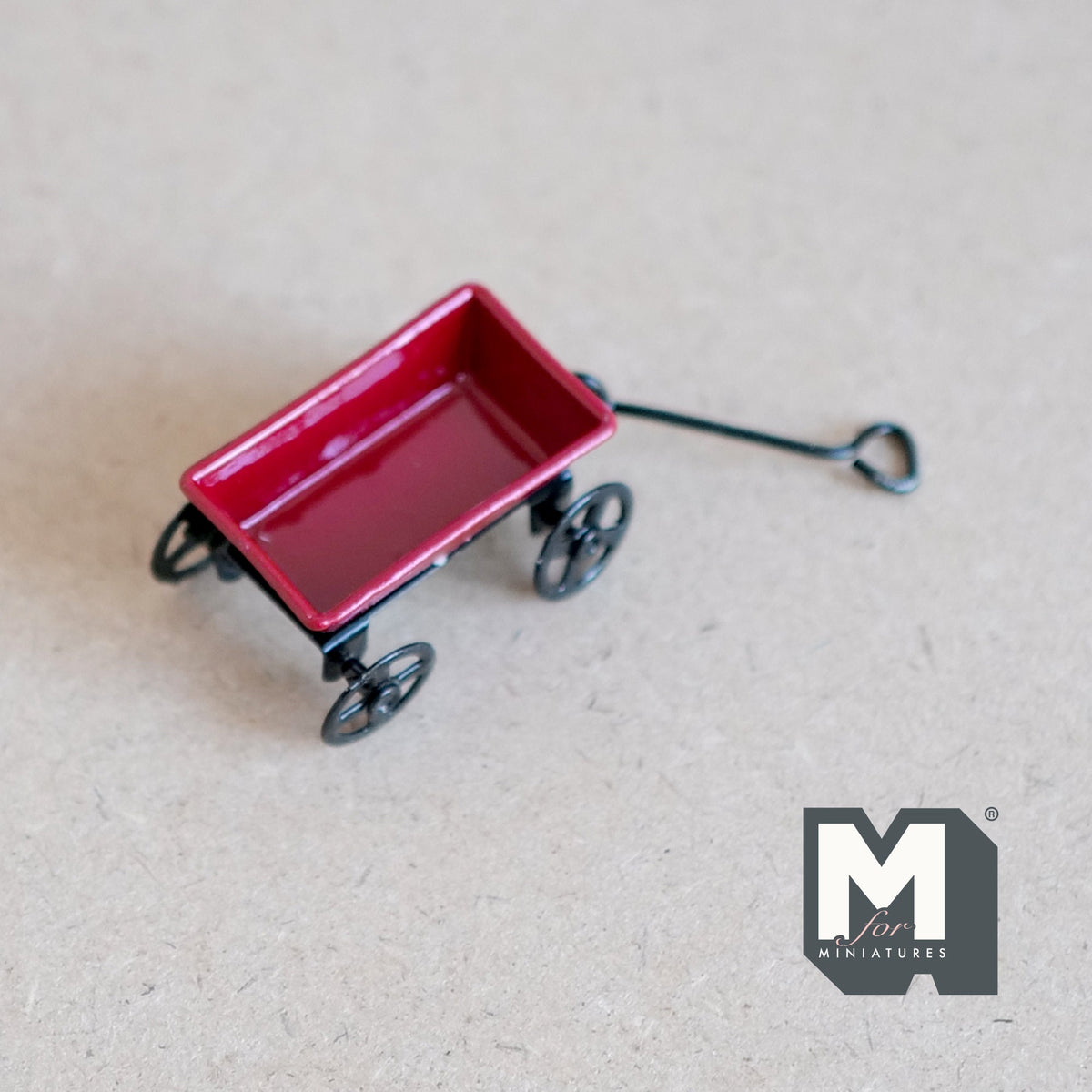 1:12 Scale Miniature Metal Pull Wagon, Turning Handle, 1-1/2 inch long, DIY Dollhouse Supply (red)