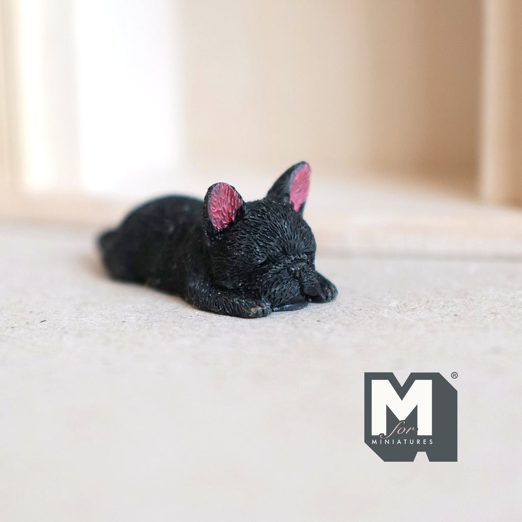 Miniature Sleeping French Bulldog Puppy 1:12 Scale Diorama Dog 1-9/16 inch long (cast resin) (black) - H046