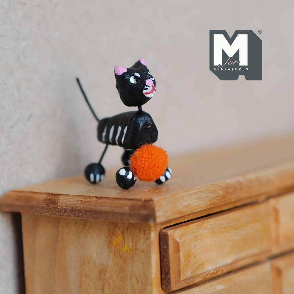 1:12 Scale Miniature Calaveras Cat Figurine with Pink Bow and Ball, 1-3/16 inch long, DIY Dollhouse Supply (black)