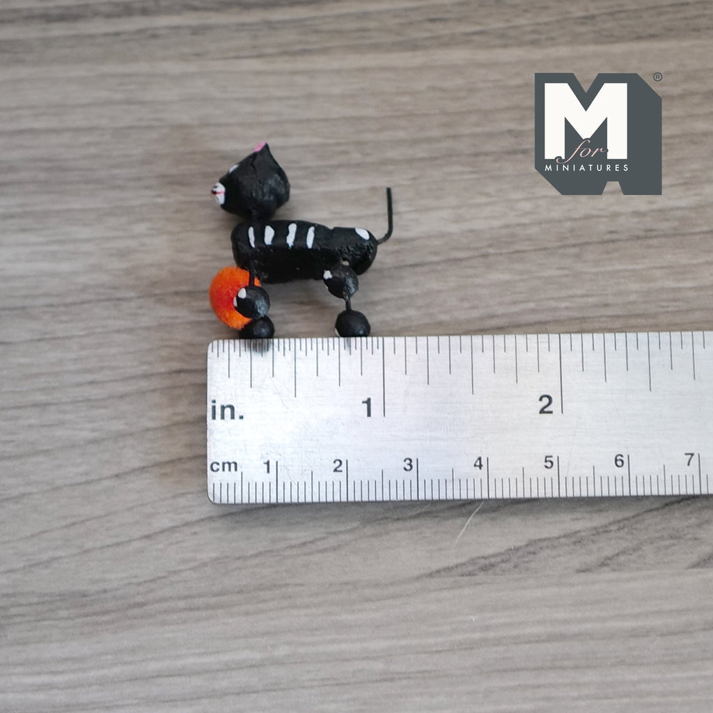 1:12 Scale Miniature Calaveras Cat Figurine with Pink Bow and Ball, 1-3/16 inch long, DIY Dollhouse Supply (black)